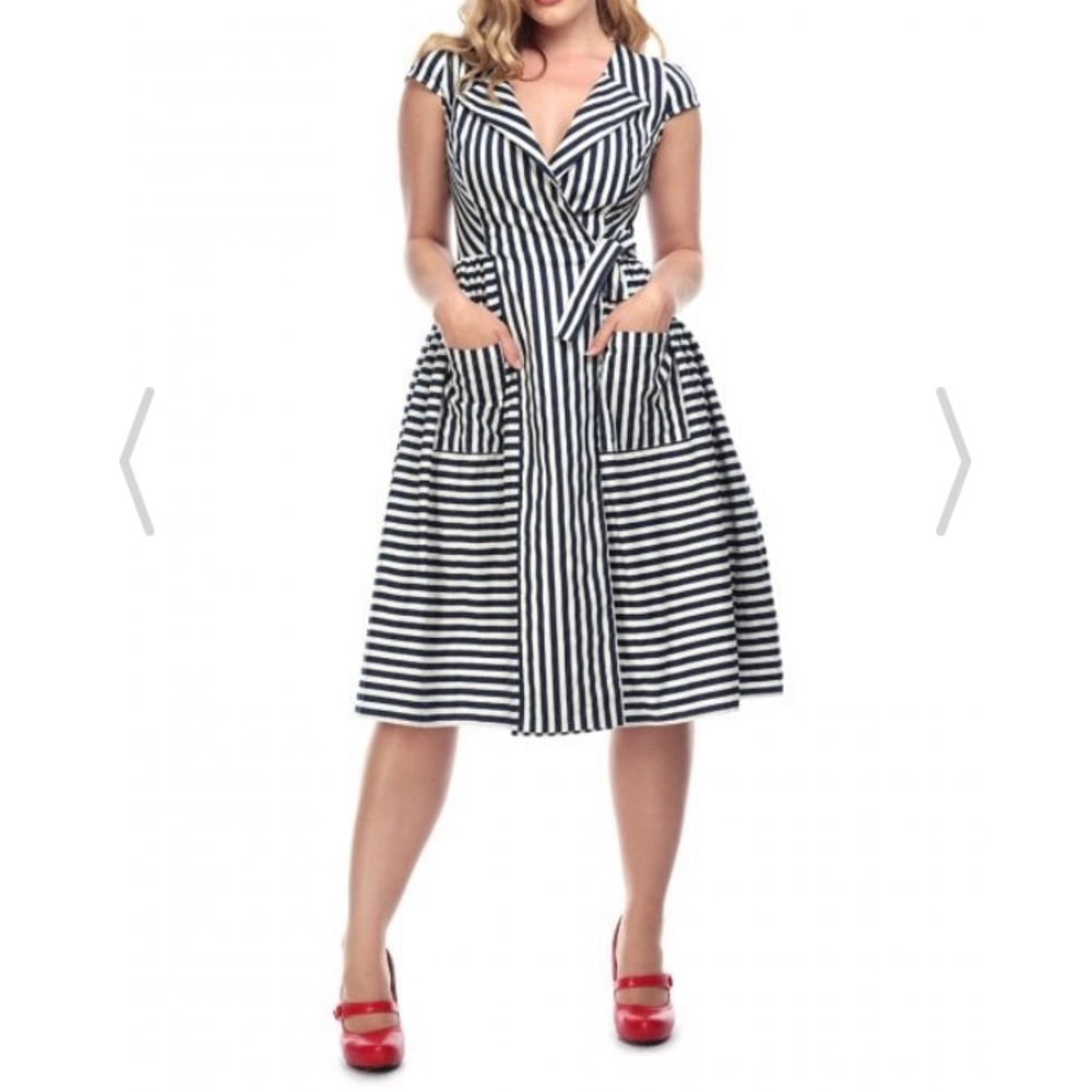 Dark navy&white striped vintage style swing dress